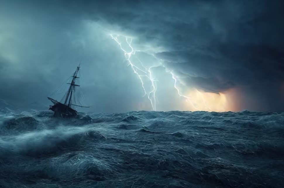 a ship caught in a storm in the ocean