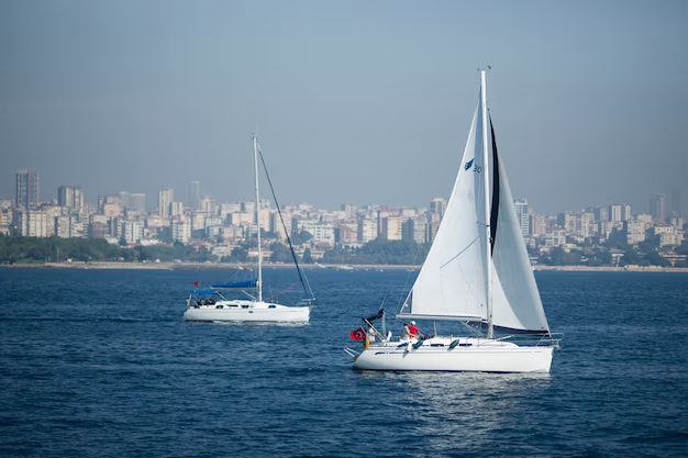 Two sailboats at sea against the backdrop of the city