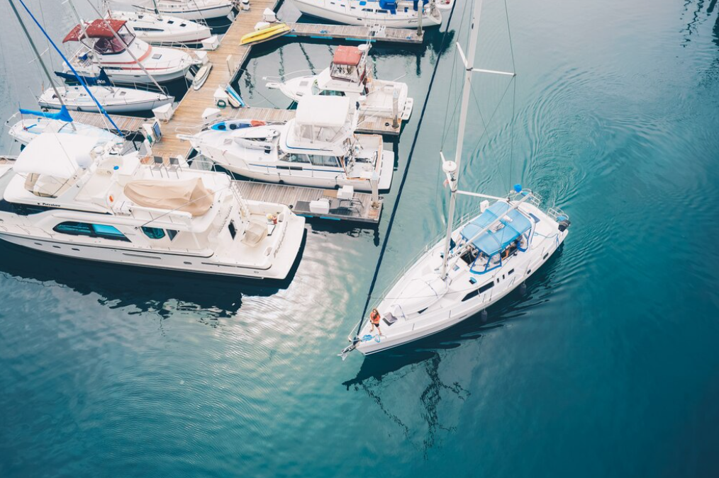 Aerial view of yachts docked in a marina