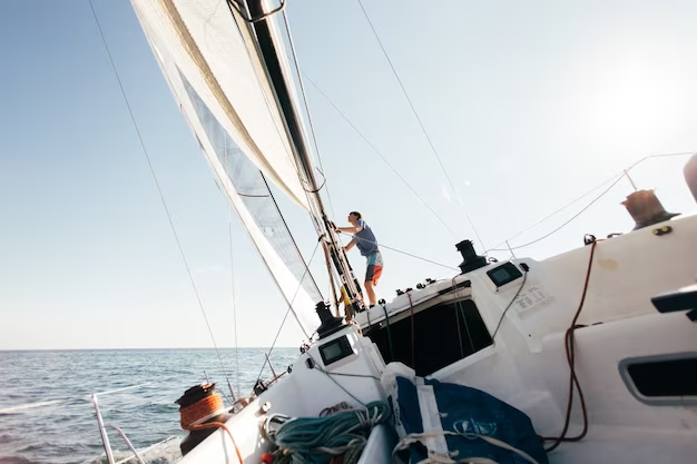 A man sails a sailboat out to sea