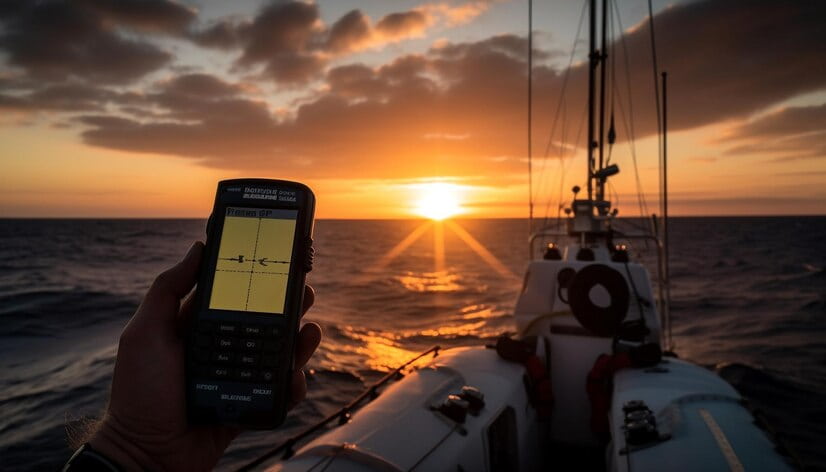 a hand holds a smartphone at a boat