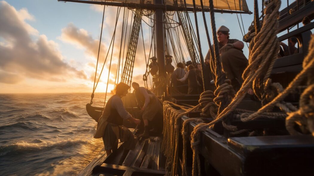 Pirate ship on sunset