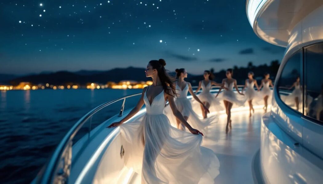 Ballet dancers performing under a night sky on a luxurious yacht.